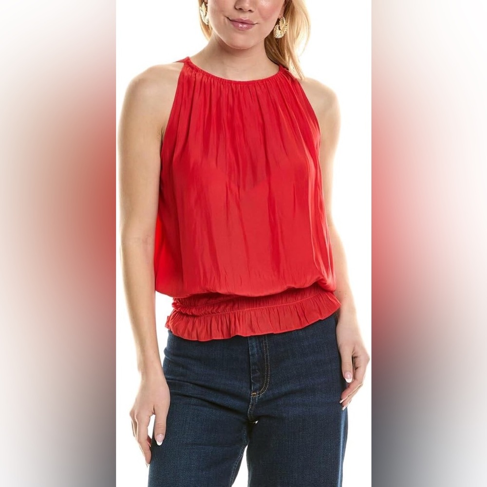 NWT Ramy Brook Sleeveless Lauren Top Sleeveless Smocked Waist Bright Red Size L